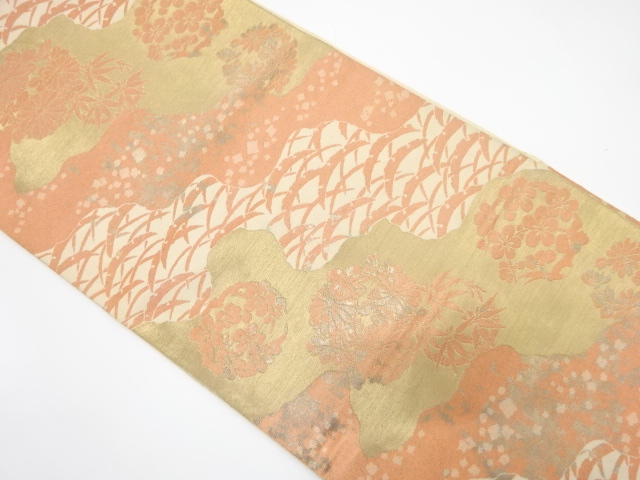 JAPANESE KIMONO / ANTIQUE FUKURO OBI / SILK /  KOHAKU NISHIKI / WOVEN FLOWER ROUNDEL